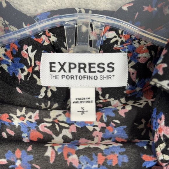 Express Shirt Womens Small Black Blue Pink Micro Floral Portofino Office Casual - Picture 5 of 8